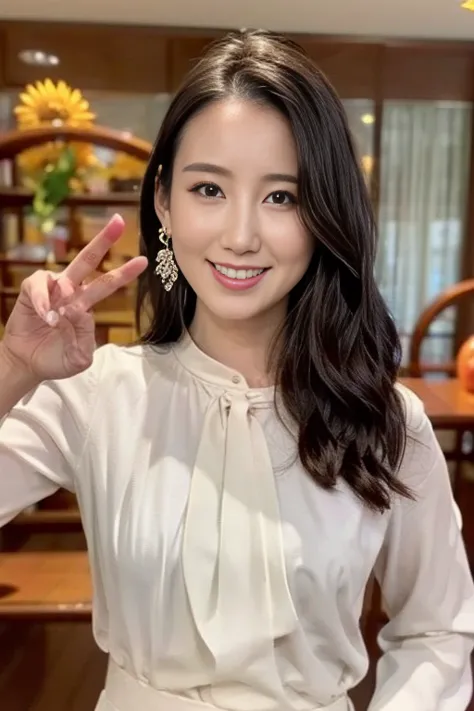 high quality, 4k, 8k,  realistic , a woman wearing a random colored shirt and earrings,  upper body shots , age 30、smile、beautif...