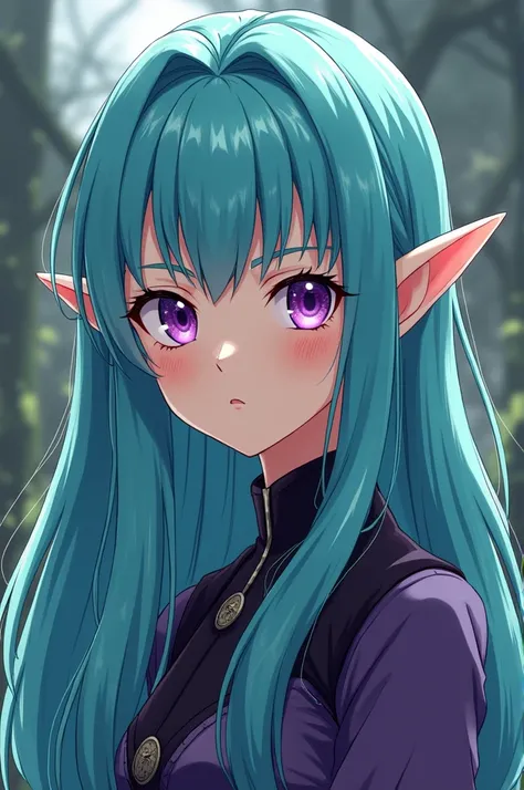 adult woman, with long blue-green hair and with tufts in the front, Elf ears, with bright purple eyes, she looks older like about 19 years old, In the drawing style of the anime Dragon Ball 