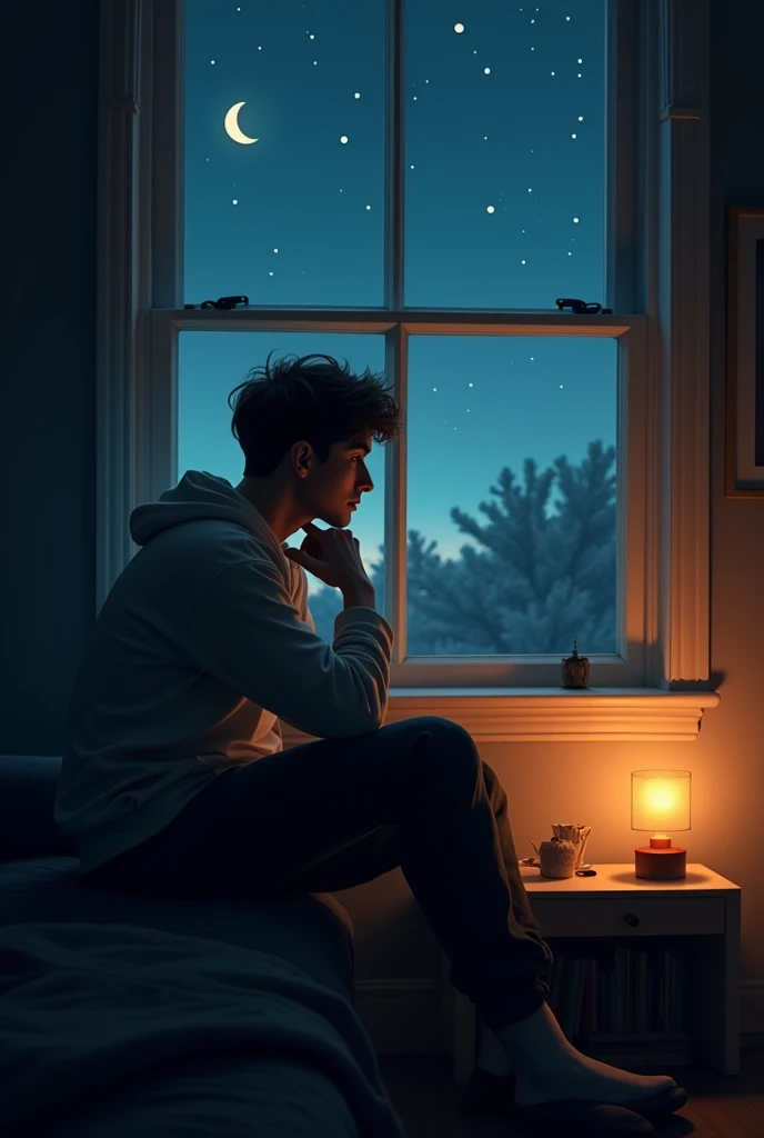 A boy sit on chair behind the window night time feel. Age 20+