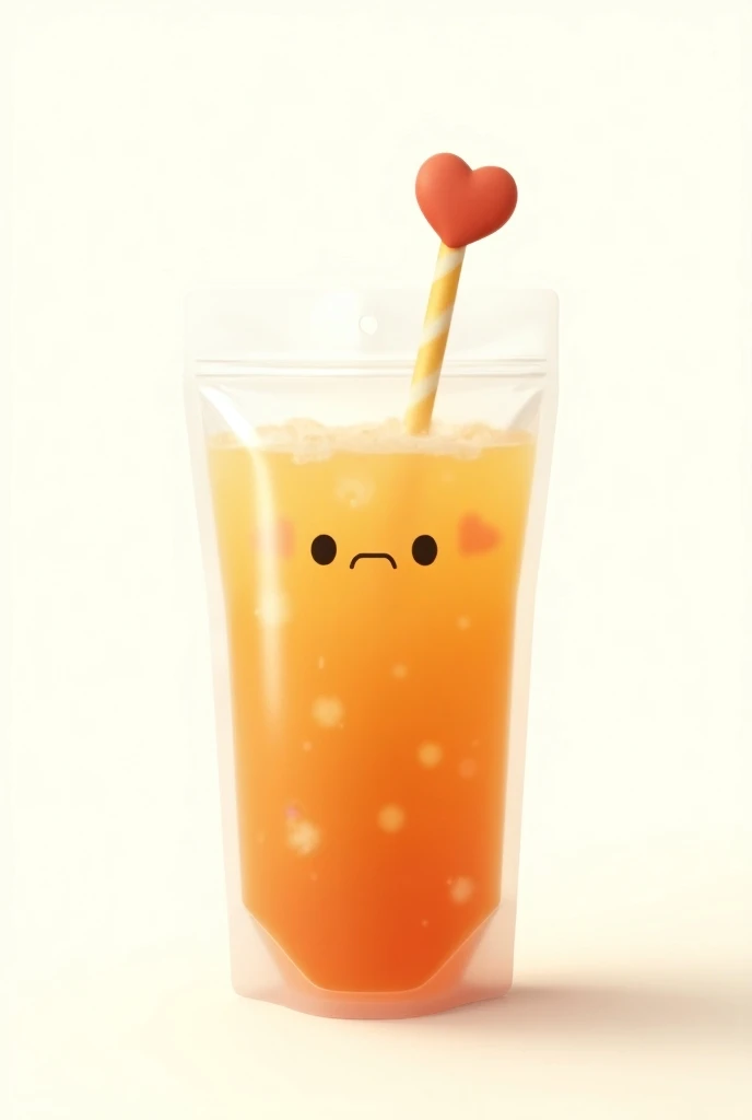 image of a drink that is packed on a plastic drinking pouch with iced tea inside and a a heart straw, make this look like it came from studio ghibli movies put it on a white background 