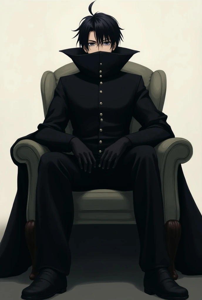 black hair, Closed mouth, serious, kuudere anime boy, black Gakuran collar covering mouth, black eyes,Long legs,10 Feet Tall body, sitting on a chair