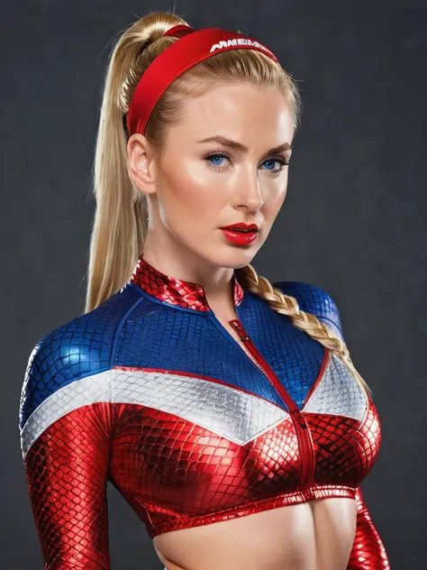 female chris evans, detailed face, blue eyes, red face, blushing face, seductive look, long platinum blond ponytail braided hair, (small red headband), wet tight shiny cobra pattern yoga suit with open zipper, (full body), (tan lines), (oily skin), ((visib...