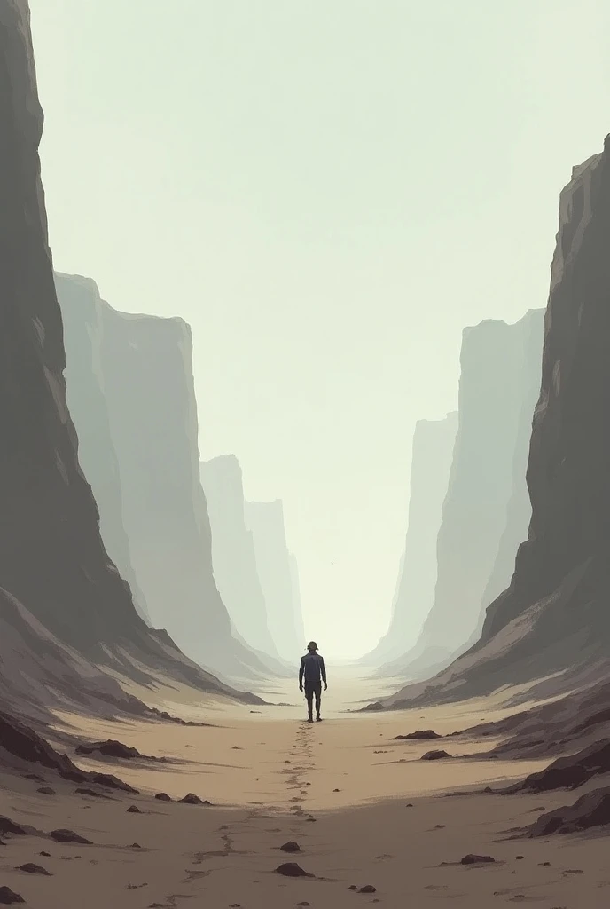 anime illustration:

*Panel 2: Death Road *
- desert without a horizon like the one in Nebrazka 
- A gray and lifeless sky.
*COLORS*

 - Dark and muted to reflect aridity and desolation .
 - Gray and brown to emphasize dryness and death .

*style*
 In anim...