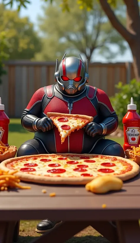 A highly realistic and detailed depiction of a fat Ant-Man sitting on a giant picnic table surrounded by oversized junk food. He is in his red and black suit, stretched tightly over his round belly, holding a massive slice of pizza with both hands. The set...