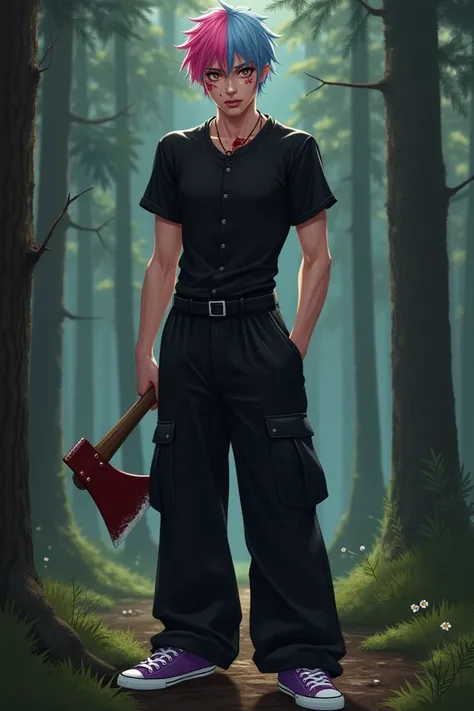 Create an image of a  effeminate male with short hair with two pink and blue streaks, one eye is brown and the other is white. He is in the pine forest holding an axe. He wears a tight black short-sleeved blouse and black wide-leg pants with side pockets a...