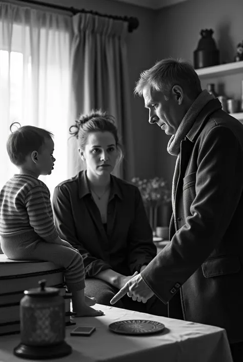 "A black and white scene depicting a familiar interaction in a domestic environment . Left, a baby sitting on a raised surface, wearing a striped sweater, looking forward with a curious expression. At the center, a woman with her hair tied up, wearing a da...