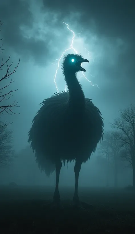 "In a dark, fog-laden lawn under a storm-filled sky, a monstrous hybrid creature emerges—a horrifying fusion of a guinea pig and an emu, radiating a menacing aura. This grotesque beast combines the guinea pig’s stout, muscular body with the towering height...