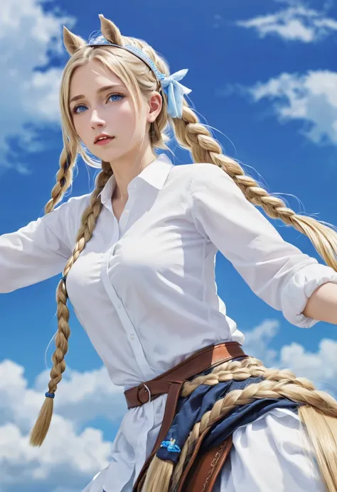 1 Girl, blond, Pointed ears,  blue eyes,  clothes lift ,  alone, Headdress, Hairpin, Long hair, Shirt lifted, braid,  looks at the audience, Lips,  will raise , horse,  upper body, Umbilical cord, sky, White Shirt ,