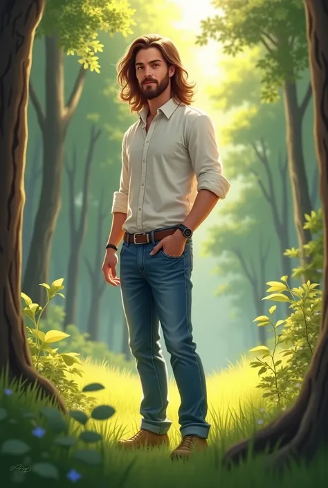 A confident young man standing in a serene forest, wearing a casual white blouse and blue jeans. She has long brown hair flowing in the breeze and a calm expression. The sunlight filters through the trees, casting soft light around her. In the background, ...