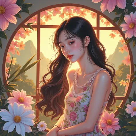 In a lush indoor garden、A Japanese woman is wearing a floral sheer top、 with breasts and soft flowers in the background in lush green mountains、 creates harmony between nature and beauty。