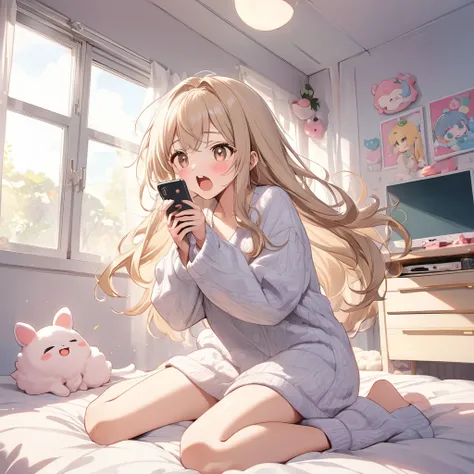 High resolution, Master piece, lazy sexy girl, fluffy beige long hair, beige eyes, yawn, knit room wear, full body, on the bed, 90’s, kawaii, smartphone, light from window, noon,