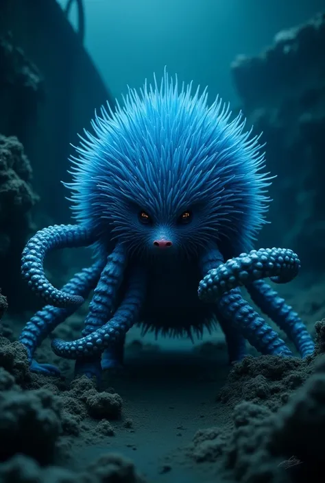 Create an ultra-realistic 32k masterpiece of a hybrid creature that combines a hedgehog and an octopus. This terrifying being features the hedgehogs signature spiky fur in a vibrant, electric blue hue, with each quill tipped with a glowing, bioluminescent ...