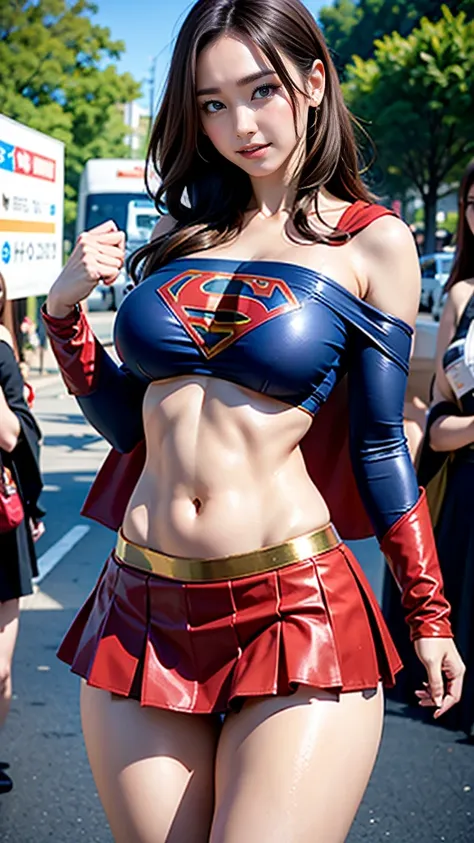   1 girl，big tit female body set ，  Supergirl Costume Dress，skirt、ミニskirt、Cutting clothes，close，  Off Shoulder Outfit，Charming，  perfect body，street，belly button，Abdominal vest line，Brown Hair、Long Hair、Long Hair、  Sexy Poses