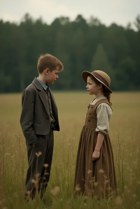 a sixteen year old boy dressed in old fashion (pre the first world war fashion) is talking with a girl his age also dressed in old fashion. they both look sad. this scene is seen from afar. in the background there is a forest, the whole scene is playing ou...