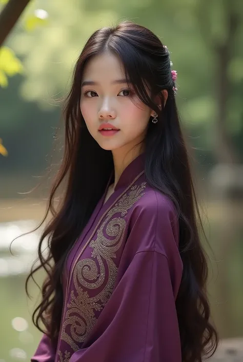 Chinese girl with long hair wearing a purple kebaya