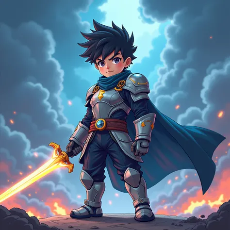 Show an anime-inspired scene featuring a gaming boy exuding a fighter vibe. Clad in sleek armor with a glowing sword in hand, he stands ready for battle, surrounded by virtual storm clouds and sparks, illustrating his courage and readiness to face challeng...