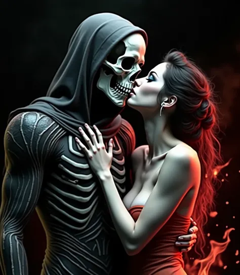 Hooded Skull Man Kissing Firewoman Beautiful Woman