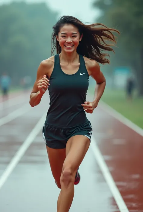 A beautiful Asian woman, about 26-30 years old, sharp eyes, long brown hair, medium breasts, perfect body, big smiling with happiness. A woman sprinting on a rain-soaked track, her face showing sheer determination, motivating others to push beyond limits, ...