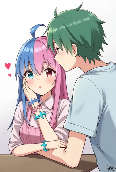 A long-haired girl of two colors, one half blue, one half pink, eyes one green, the other red, was sitting, and there was a green-haired man wearing a blue and pink two star-shaped bracelet, giving a kiss on her cheek.