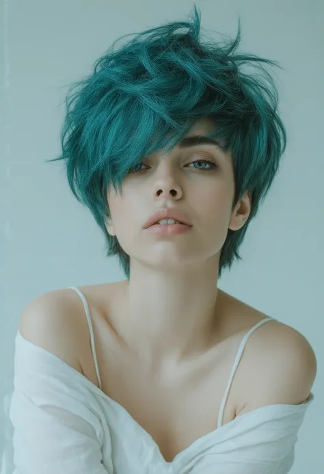 Young woman with short hair with blue blue locks of hair sitting in front 