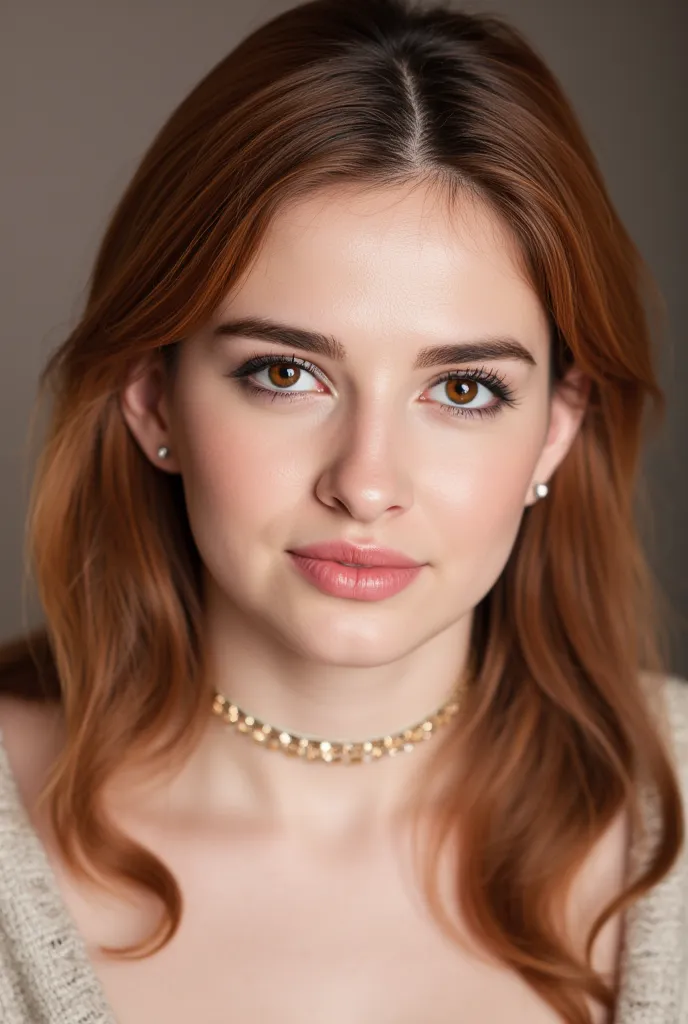 A beautiful 22-year-old woman with an oval-shaped face and strawberry blonde hair that cascades in soft waves. Her almond-shaped eyes are captivating, framed by thick, natural lashes and delicately arched brows. She has a cute button nose and soft, rosebud...