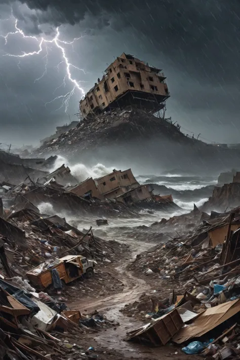 brutalist poster of a fierce storm in a garbage dump in a latin neighborhood