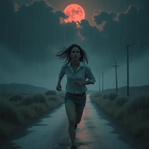 a sad adult girl with a white shirt runinig in the desert road at rainy dark night with red moon in the cloudi sky