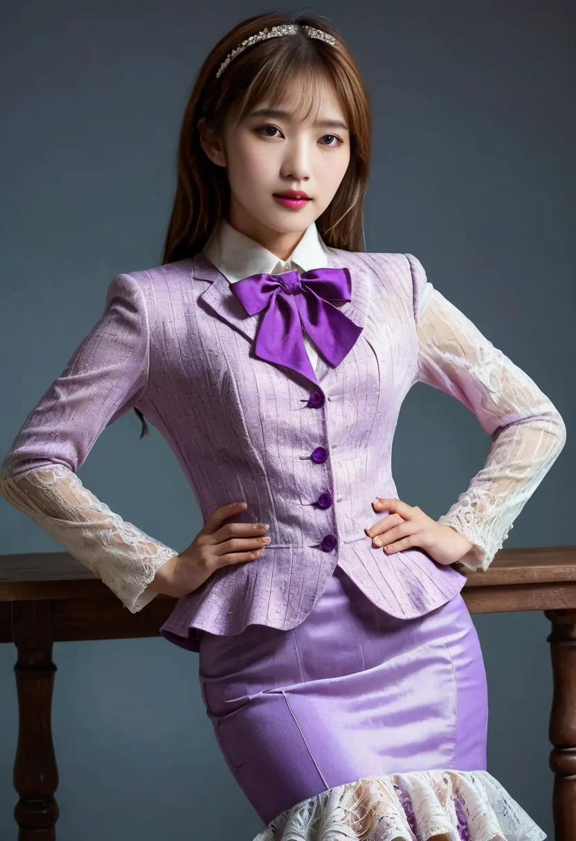 a korean man in ladies vintage suit dress, he is crossdresser, body like a woman, slender female body, white and purple, long sl...