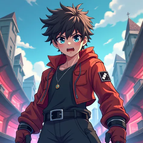 Illustrate an anime-style gaming boy having a fighter look. He should be posed dramatically, highlighting his cool combat attire and intense facial expression. The background should be a colorful, immersive gaming landscape that complements his heroic stat...