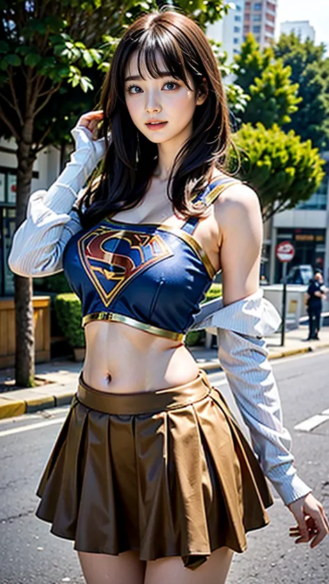   1 girl，big tit female body set ，  Supergirl Costume Dress，skirt、ミニskirt、Cutting clothes，close，  Off Shoulder Outfit，Charming，  perfect body，street，belly button，Abdominal vest line，Brown Hair、Long Hair、Long Hair、  Sexy Poses