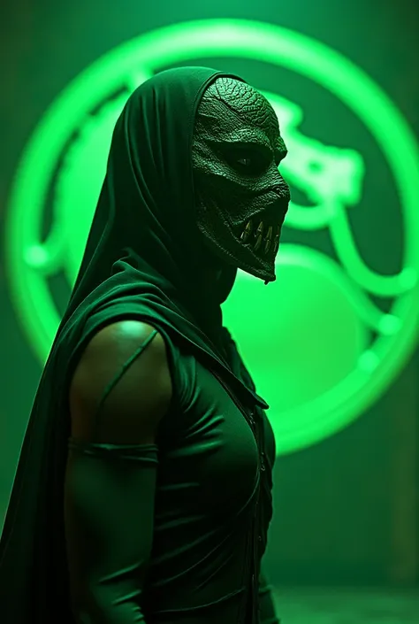  Mech Repts full-length mask from Mortal Kombat green from Mortal Kombat; Scorpion dress style  &# The 39th appearance of Noob Sybot  &#39,  open top of the head ,  green background Mortal Combat logo 