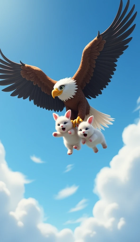 A eagle flying high with two white rabbit babies (crying) caught in his both talons 3d animated cartoon