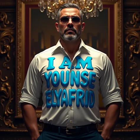 A luxurious picture of a gangster wearing a shirt that says I am Younsse Elyafrid in blue balloon 