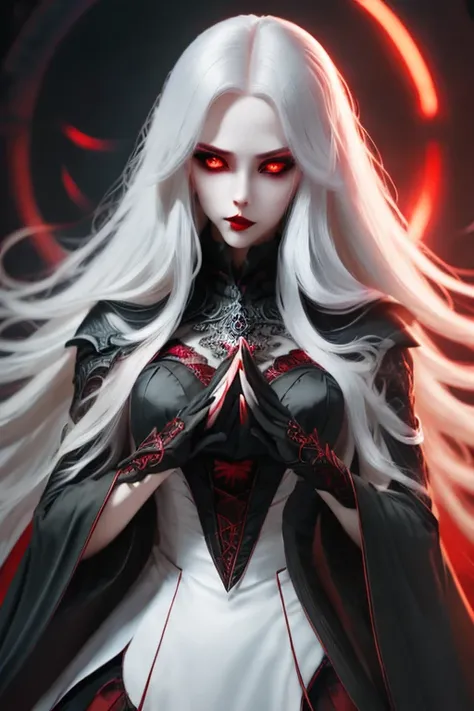 (best quality,4k,8k,high resolution,masterpiece:1.2),Super detailed,(actual,photoactual,photo-actual:1.37), full length pose, young female vampire, (((perfect face))), very deep cleavage, long pointed teeth, bright red lips, bright blue eyes, very pale com...