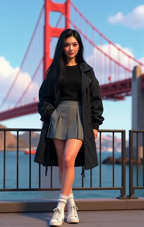 Woman 30, long straight black hair, wearing short grey school girl skirt with black sweater and black short trench coat with white converse high sneakers with white short socks. Leaning and posing at red tube low metal fence. With San Francisco’s Golden Ga...