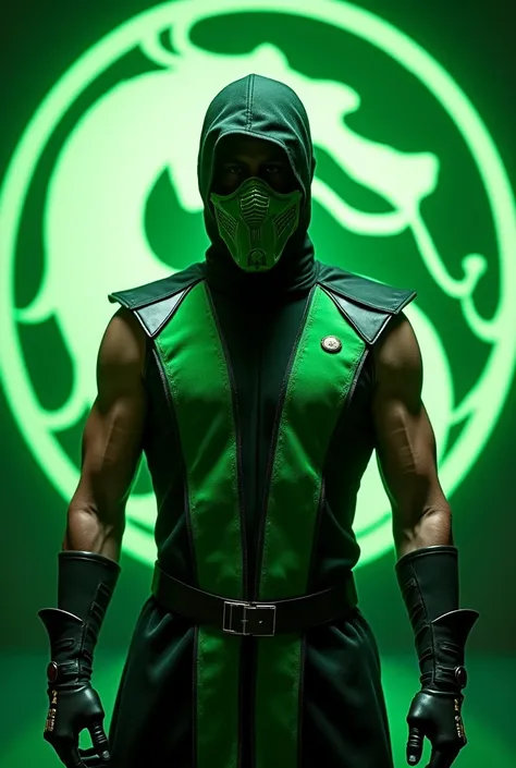 Man Mek Repts Green Mortal Kombat Full Length Mask from Mortal Kombat; Scorpion dress style  &# The 39th appearance of Noob Sybot  &#39,  open top of the head ,  green background Mortal Combat logo 