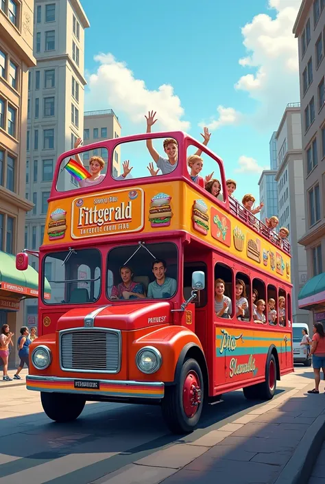  I want you to create an image for me of a tourist-type bus with an open-air top for Pride Day. The bus should be themed with hamburgers,  French fries and milkshakes combined with the colors of the rainbow .  The name  "The Fitzgerald "