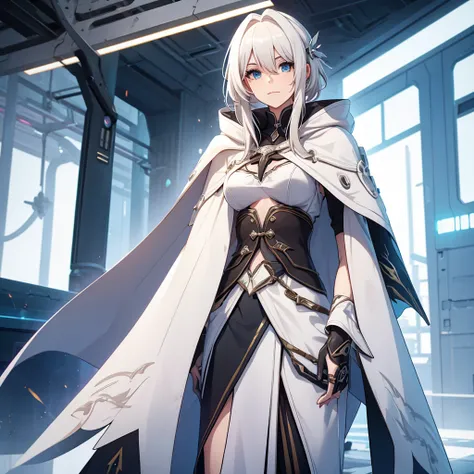 White-haired female character in a futuristic setting, Arcanes Futuristic Cloak