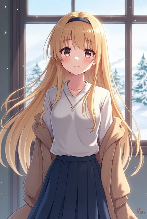 School Principal’s daughter with long blonde hair in a Japanese winter school uniform 