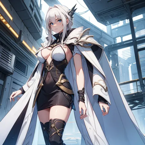 White-haired female character in a futuristic setting, Arcanes Futuristic Cloak