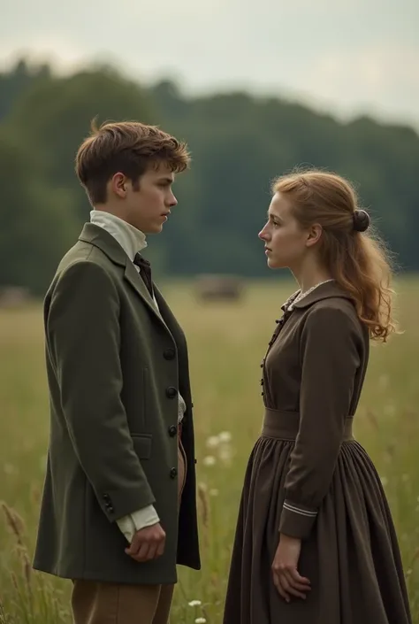 a sixteen year old boy dressed in old fashion (pre the first world war fashion)) is talking with a girl his age also dressed in old fashion. they both look sad. this scene is seen from afar. in the background there is a forest, the whole scene is playing o...