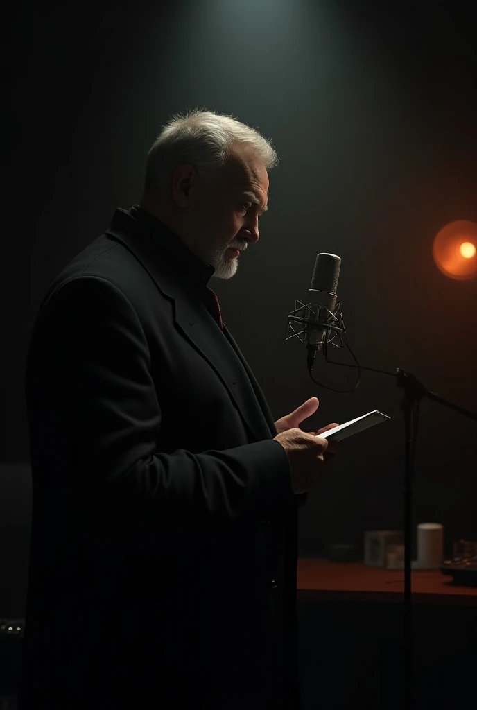 man narrating story with microphone in dark studio