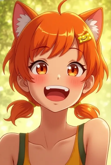  1 woman,  low twin tails,  orange hair, Cat Hair Clip,  show your teeth and smile , happiness/joy, Laughing/ good laugh, 