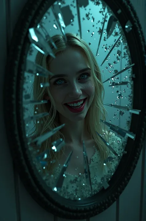  A mirror in a gloomy bathroom shatters dramatically,  with fragments naked in various directions . In the reflection of the pieces ,  it is possible to see the face of the Blonde in the Bathroom ,  with a macabre smile and eyes shining in the dark 