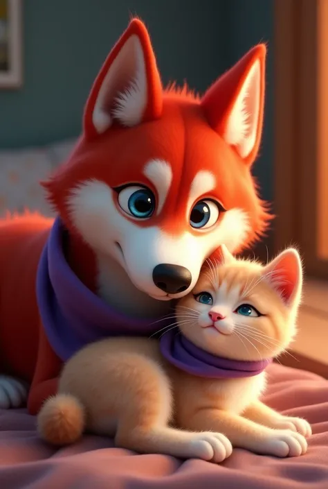 A red husky with blue eyes and purple bandana around the neck that cuddles with a British Kurzhar cat