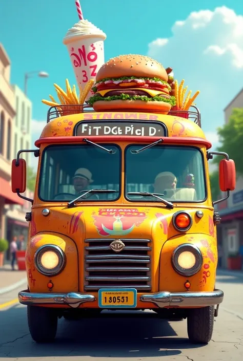  I want you to create an image for me of a tourist-type bus with an open-air top. The bus should be themed with hamburger stickers ,  French fries and milkshakes combined with the colors of the rainbow .  The name  "The Fitzgerald "