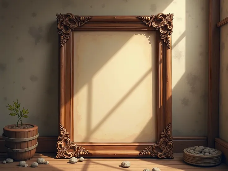 16:9 square wood frame for painting, Medieval model , detailed cartoon style, no character, no item floating, nothing over frame