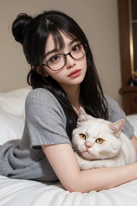 "A young woman with a casual and soft aesthetic is lying on a bed, holding a golden British Shorthair cat close to her face. She has delicate facial features, wearing thin, round, silver-framed glasses that emphasize her intellectual yet playful look. Her ...