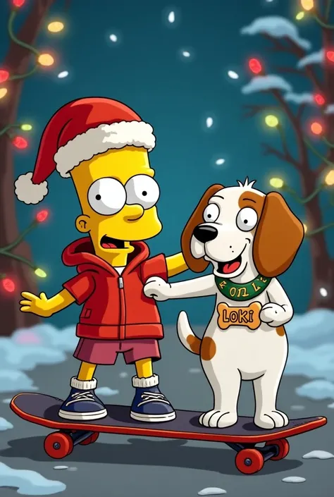  Bart Simpson in Christmas costume and a white male beagle dog with brown spots, skateboarding with a bone-shaped collar around his neck that reads Loki . Tangled Christmas lights . Animated image like the series The Simpsons 