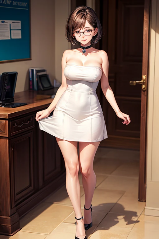 Adult woman, secretary, Ovalish face, short hair,  milf, round breast, wearing brown seams accent tight cotton strapless mini office dress, sleeveless, covered breast, small choker, stocking, high heels, looking passionately and seductively at camera, hand...